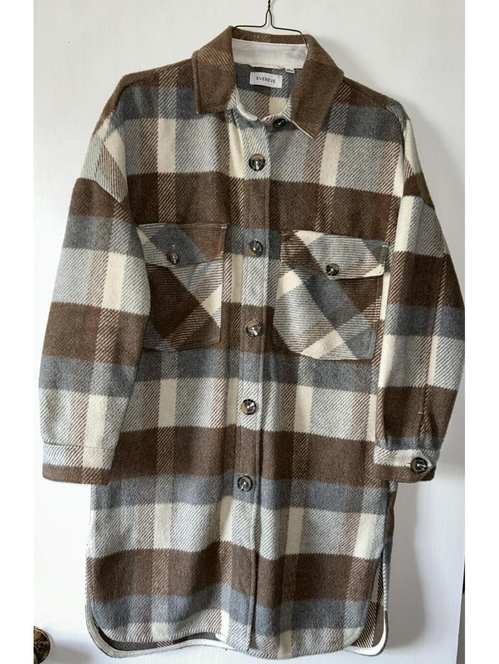 Evereve Raye Plaid Pattern Collard Pockets Button Front Brown S 40" long